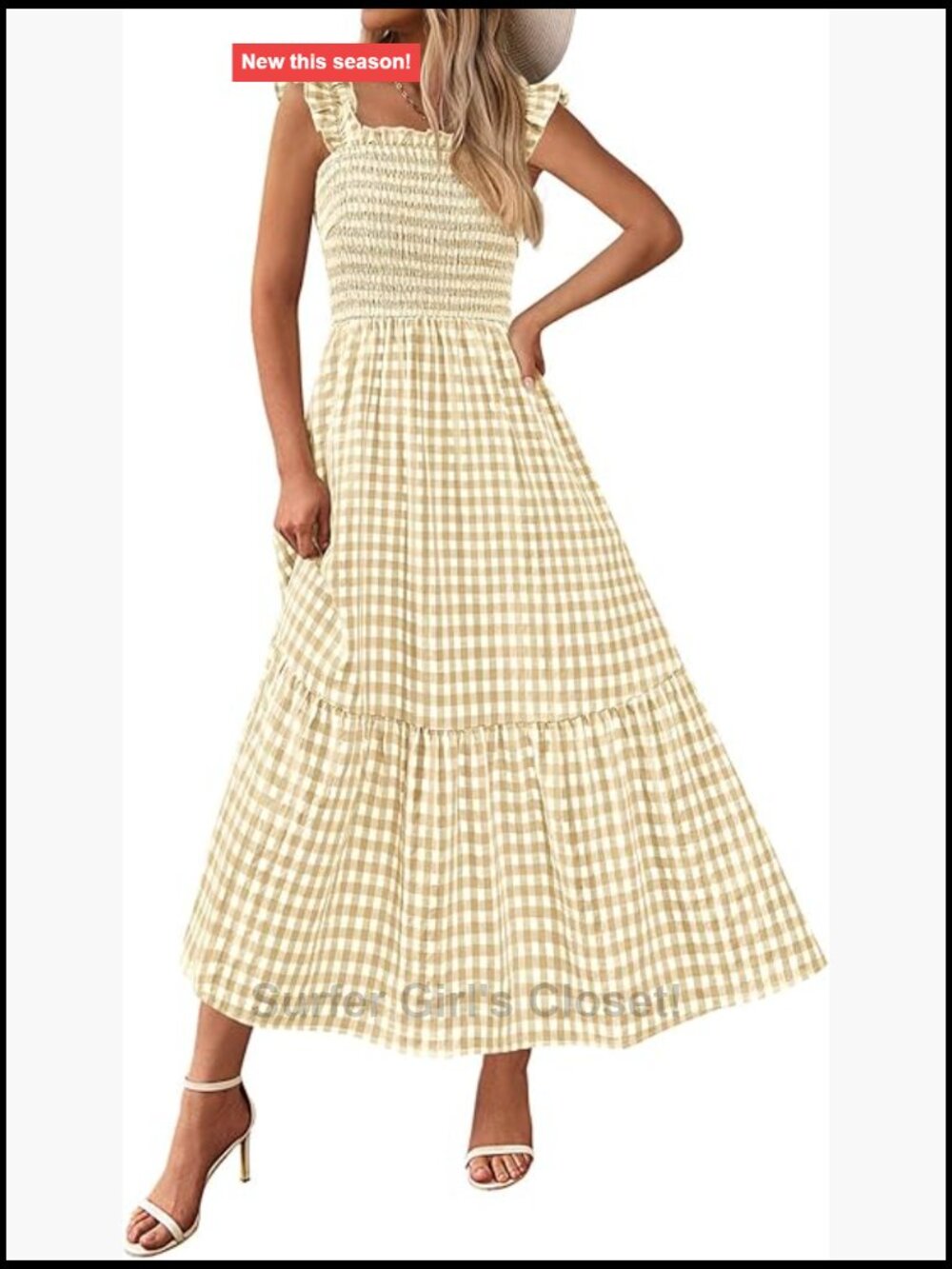 Womens Square Neck Ruffle Strap Smocked Midi Flowy A-Line Dress - Picture 1 of 7